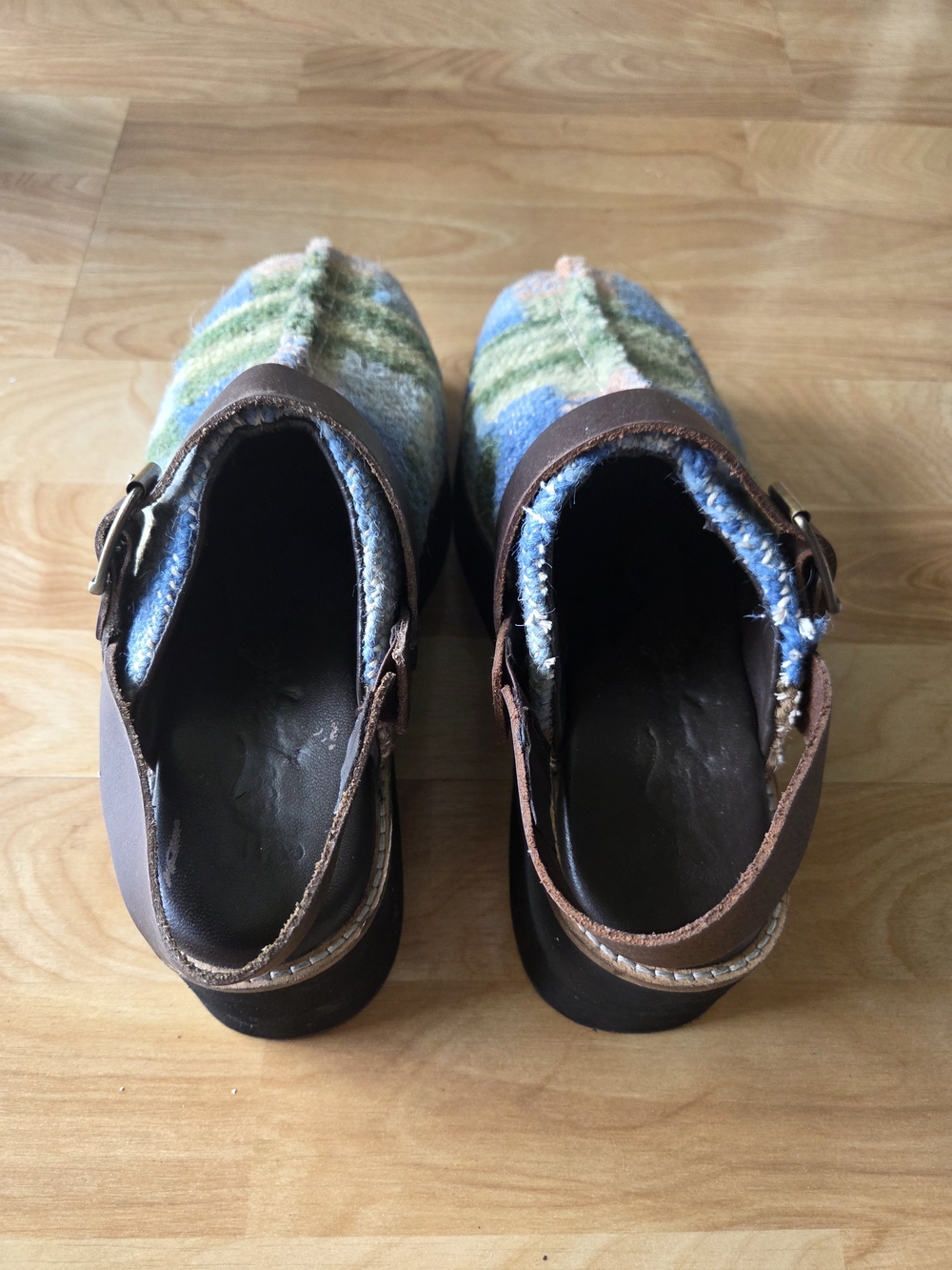 Free People Blue & Green Patterned Platform Clogs with Brown Leather Strap - Picture 3 of 8